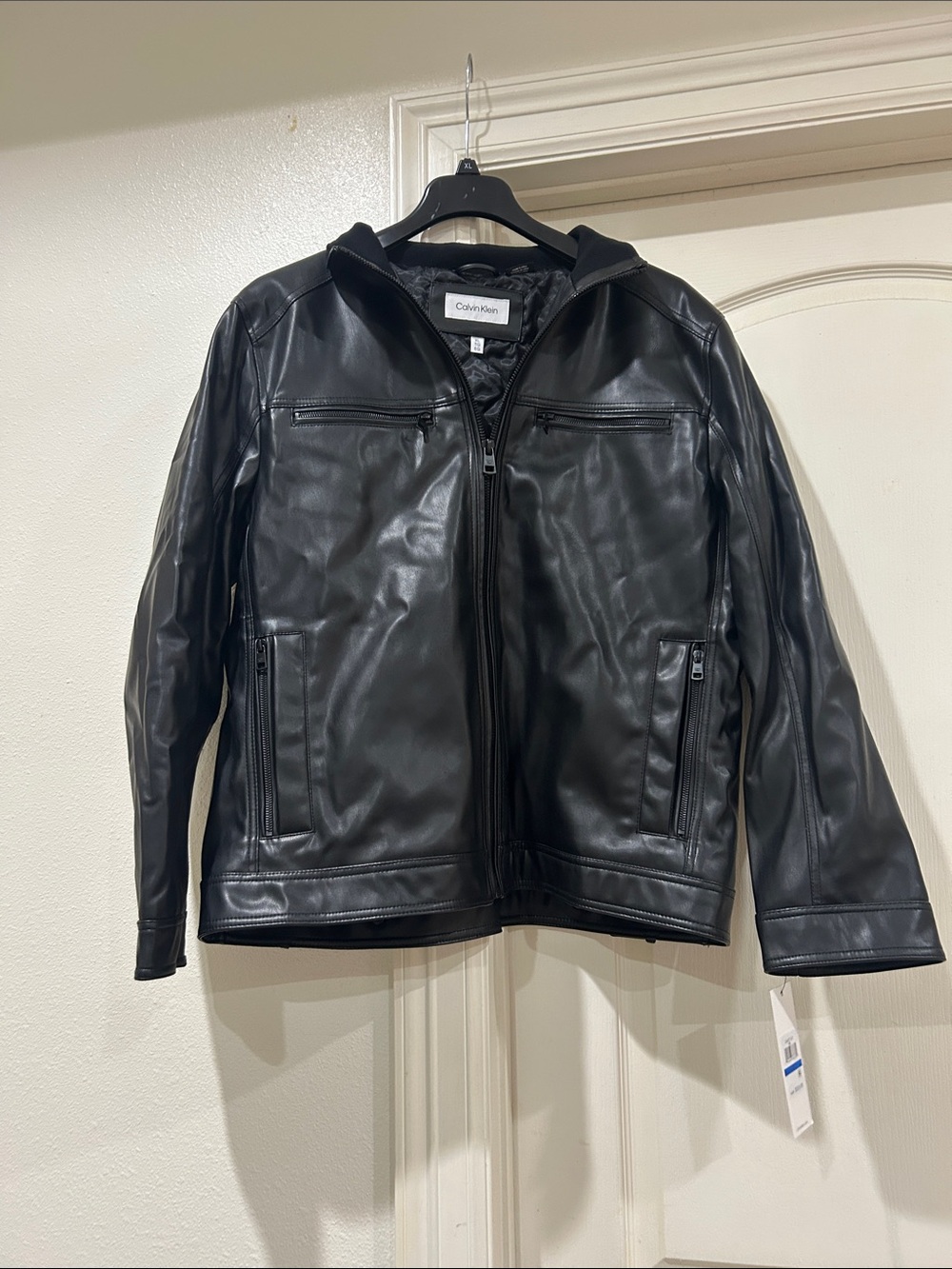 Calvin Klein Black Faux Leather Hooded Zip Jacket